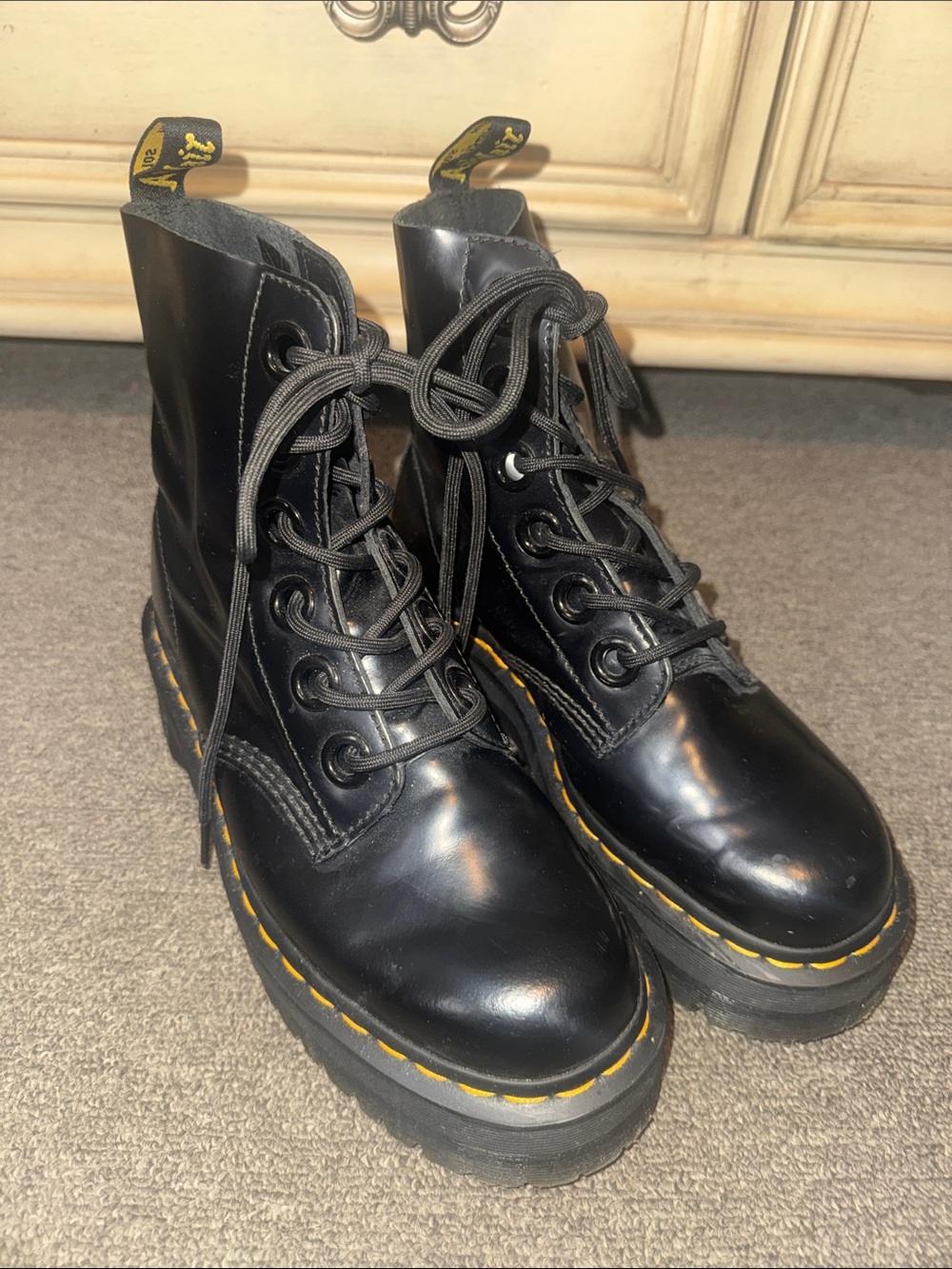 Dr. Martens Black Lace-Up Platform Boots with Yellow Stitching